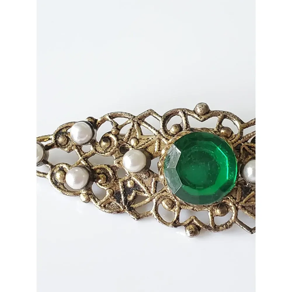 Vintage Art Deco Filigree Green Stone and Pearl Brooch